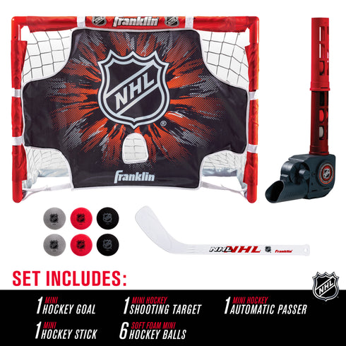 Franklin Sports Knee Hockey Goal Set - Mini Hockey Stick Set - Automatic Ball Passer, Goal & Target Set