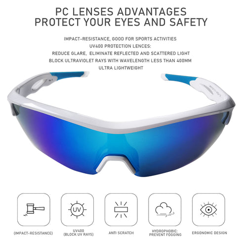 UPANBIKE Bike Cycling Sunglasses Sports Sunglasses Anti-UV400 PC Lens TR90 Unbreakable Frame Unisex Adult Goggle, Glossy White Frame/Blue Lens