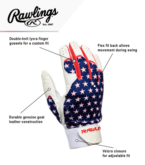 Rawlings X Guardian Baseball 5150 Adult Batting Gloves American Flag Stars & Stripes, Small