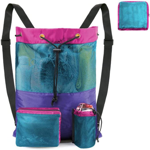 BeeGreen Beach Bag Folding Into Pouch Boxing Equipment Mesh Backpack Drawstring Backpack for Kids Swimming Pool Sports