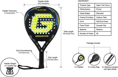 GRANDCOW Tennis Paddle Racket Padel Carbon Fiber Surface with EVA Memory Flex Foam Core