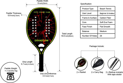 Beach Tennis Paddle Racket Racquet Carbon Frame with Soft EVA core New Model