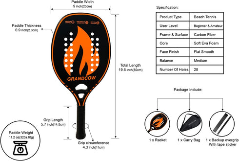 Beach Tennis Paddle Racket Racquet Carbon Frame with Soft EVA core New Model