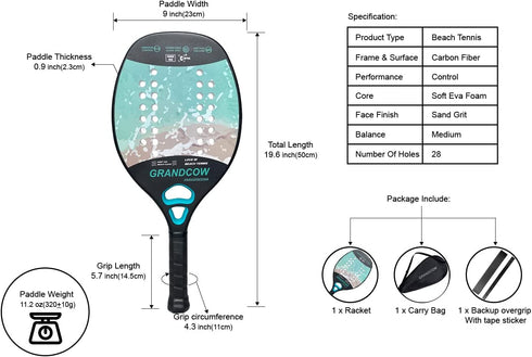 Beach Tennis Racket Paddle Rough Face Carbon Fiber Frame with EVA Core