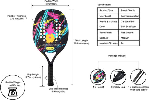 GRANDCOW Beach Tennis Paddle Racket Carbon Fiber with EVA Memory Foam Core Tennis Padel