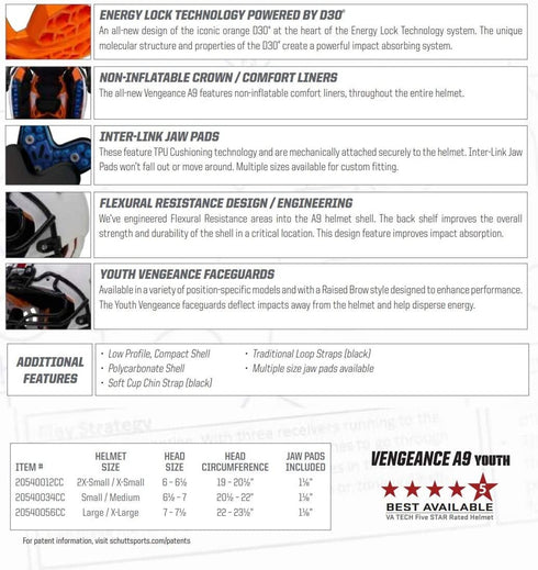 Schutt Football-Helmets Vengeance A9 Youth(Facemask NOT Included)