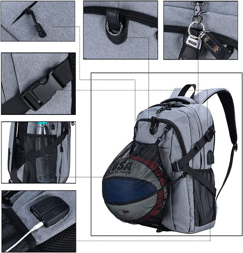 Widfre Basketball Backpack with USB Charging Port, Durable Men's Laptop Backpack for Outdoor with Ball Compartment (Gray)