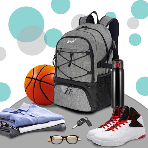 WOLT | Basketball Backpack Large Sports Bag with Separate Ball holder & Shoes compartment, Best for Basketball, Soccer, Volleyball, Swim, Gym, Travel