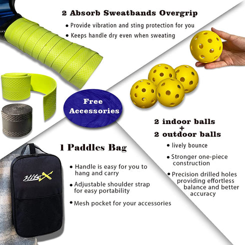 HitsX Pickleball Paddles, Graphite Pickleball Paddles Set of 2 Pickleball Racquet 4 Balls 1 Portable Bag