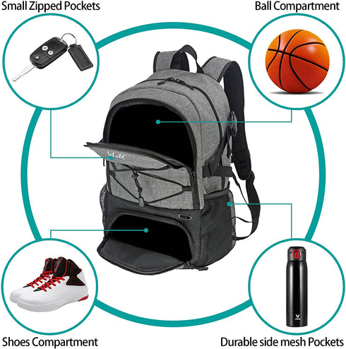 WOLT | Basketball Backpack Large Sports Bag with Separate Ball holder & Shoes compartment, Best for Basketball, Soccer, Volleyball, Swim, Gym, Travel