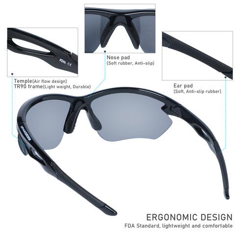 UPANBIKE Bike Cycling Polarized Sunglasses Anti-UV400 Sports Running Sunglasses TR90 Unbreakable Frame Adult Unisex Goggles, (Glossy Black Frame/Black Lens)