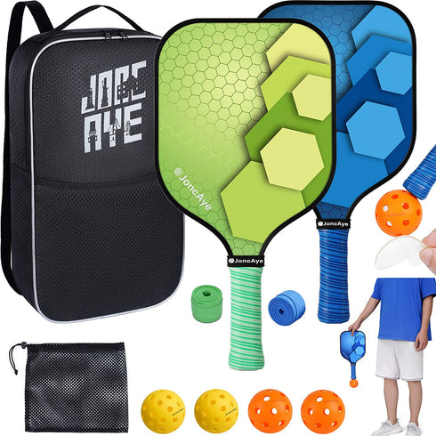 Pickleball-Set of 2, JoncAye Pickleball-Paddles Set with 4 Balls, Paddle Bag, Ball Bag, Ball Retriever