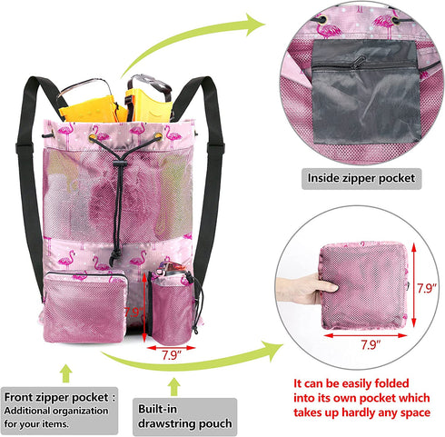 BeeGreen Beach Bag Folding Into Pouch Boxing Equipment Mesh Backpack Drawstring Backpack for Kids Swimming Pool Sports