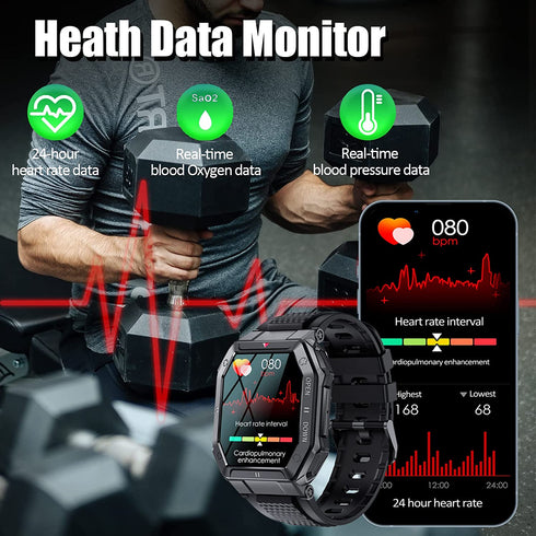 Military 100M Waterproof Rugged Tactical Smart Watch Fitness Tracker Watch with Heart Rate Sleep Monitor Pedometer Smartwatch NO BLUETOOTH CALLING