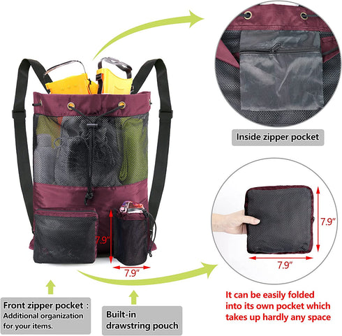 BeeGreen Beach Bag Folding Into Pouch Boxing Equipment Mesh Backpack Drawstring Backpack for Kids Swimming Pool Sports