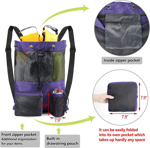 BeeGreen Beach Bag Folding Into Pouch Boxing Equipment Mesh Backpack Drawstring Backpack for Kids Swimming Pool Sports