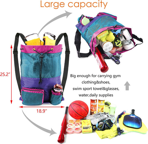 BeeGreen Beach Bag Folding Into Pouch Boxing Equipment Mesh Backpack Drawstring Backpack for Kids Swimming Pool Sports