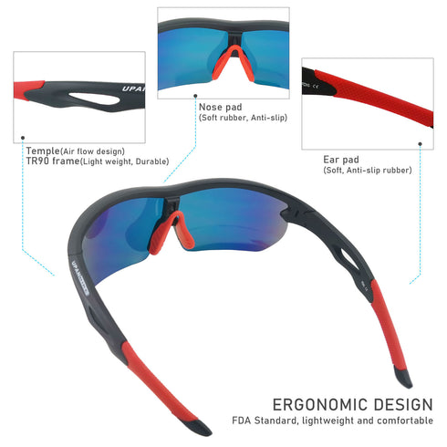 UPANBIKE Bike Cycling Sunglasses Sports Sunglasses Anti-UV400 PC Lens TR90 Unbreakable Frame Unisex Adult Goggle, Matte Black Frame/Red Lens