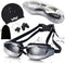 Swimming Goggles Set for Adult Men Women, Polarized Anti-Fog UV Protection Mirrored Swim Goggles with Swinming Cap, Nose Clip, Earplugs, Flannel bag-Black