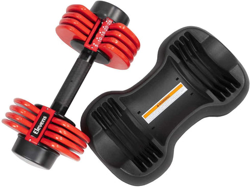 Elevens 50 Lb. Adjustable Dumbbells - Fast Adjusting Dial Weights - Workout Exercise, Strength Training and Fitness at Home Gym for Men and Women - Easy Removable Plates, Tray