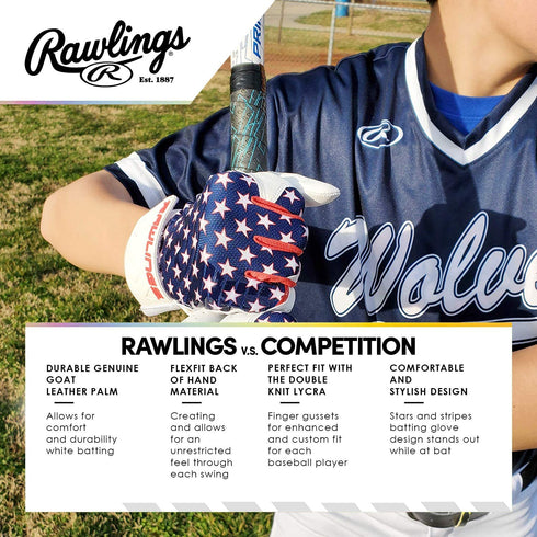 Rawlings X Guardian Baseball 5150 Adult Batting Gloves American Flag Stars & Stripes, Small
