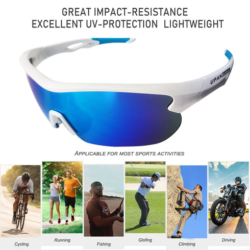UPANBIKE Bike Cycling Sunglasses Sports Sunglasses Anti-UV400 PC Lens TR90 Unbreakable Frame Unisex Adult Goggle, Glossy White Frame/Blue Lens