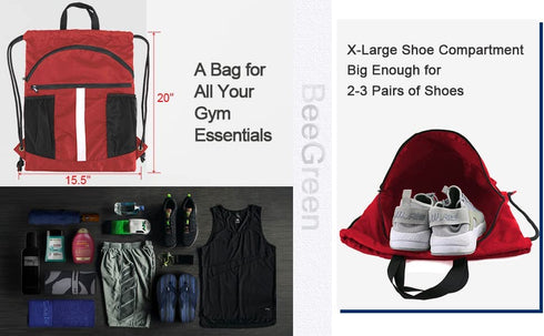 BeeGreen Drawstring Backpack Bag with Shoe Compartment String Cinch Sackpack for Unisex