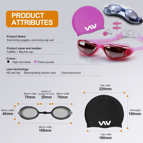 Swimming Goggles Set for Adult Men Women, Polarized Anti-Fog UV Protection Mirrored Swim Goggles with Swinming Cap, Nose Clip, Earplugs, Flannel bag-Black