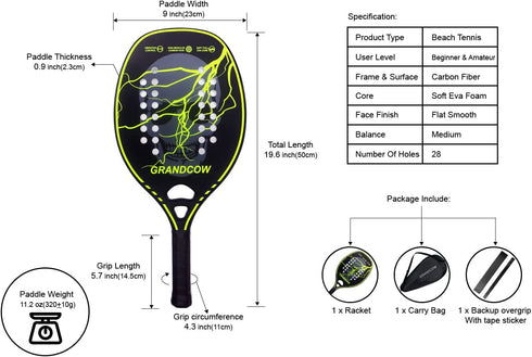 Beach Tennis Paddle Racket Racquet Carbon Frame with Soft EVA core New Model