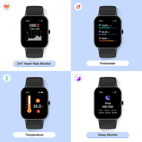 IOWODO Smart Watch Fitness Tracker 1.69'' HD Touch Screen with Heart Rate Monitor & Sleep Tracking,Temperature Detecting IP68 Waterproof Smartwatch