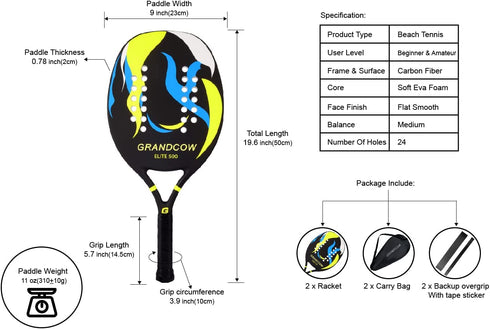 GRANDCOW Beach Tennis Paddle Racket Carbon Fiber with EVA Memory Foam Core Tennis Padel