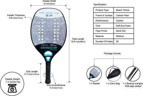 Beach Tennis Racket Paddle Rough Face Carbon Fiber Frame with EVA Core