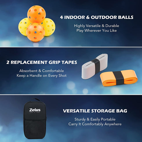 ZELUS Pickleball Paddles Set of 2, Pickleball Set with Carbon Fiber Paddles and 4 Indoor Outdoor Pickleball Balls