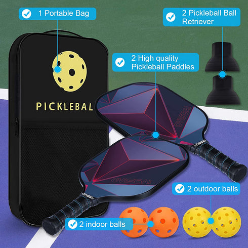 OVISBAI Pickleball Paddles Set of 2 Fiberglass Surface Paddleswith 4 Pickleball Balls, 2 Racquets, 2 Pickleball Ball Retriever, 1 Carry Bag