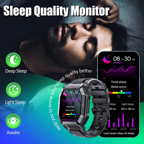 Military 100M Waterproof Rugged Tactical Smart Watch Fitness Tracker Watch with Heart Rate Sleep Monitor Pedometer Smartwatch NO BLUETOOTH CALLING