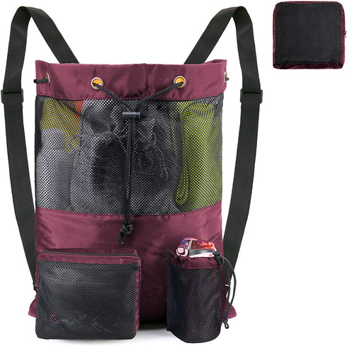 BeeGreen Beach Bag Folding Into Pouch Boxing Equipment Mesh Backpack Drawstring Backpack for Kids Swimming Pool Sports