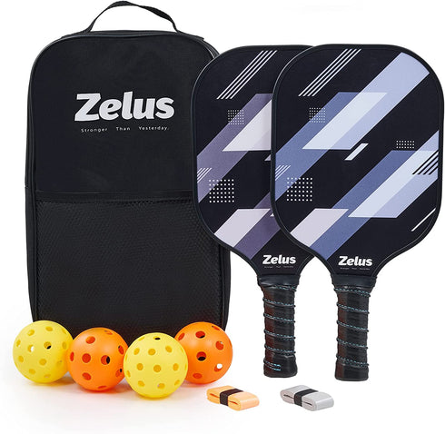 ZELUS Pickleball Paddles Set of 2, Pickleball Set with Carbon Fiber Paddles and 4 Indoor Outdoor Pickleball Balls