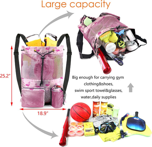 BeeGreen Beach Bag Folding Into Pouch Boxing Equipment Mesh Backpack Drawstring Backpack for Kids Swimming Pool Sports