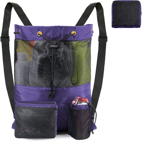 BeeGreen Beach Bag Folding Into Pouch Boxing Equipment Mesh Backpack Drawstring Backpack for Kids Swimming Pool Sports