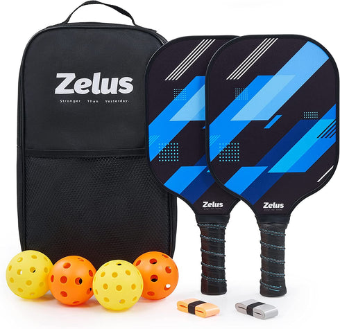 ZELUS Pickleball Paddles Set of 2, Pickleball Set with Carbon Fiber Paddles and 4 Indoor Outdoor Pickleball Balls