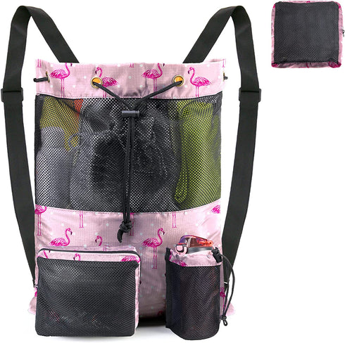 BeeGreen Beach Bag Folding Into Pouch Boxing Equipment Mesh Backpack Drawstring Backpack for Kids Swimming Pool Sports