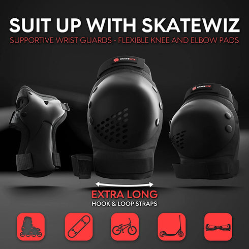 SKATEWIZ Skateboard Protective Gear Set Elbow Pads Roller Derby and Knee Pads Skating