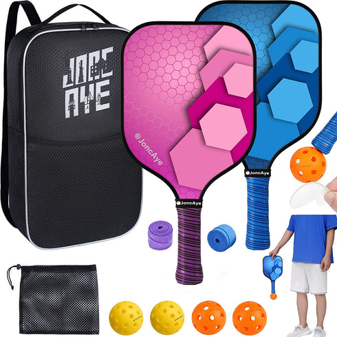 Pickleball-Set of 2, JoncAye Pickleball-Paddles Set with 4 Balls, Paddle Bag, Ball Bag, Ball Retriever
