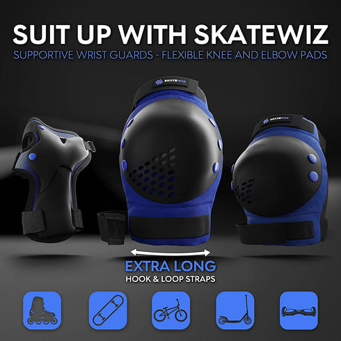 SKATEWIZ Skateboard Protective Gear Set Elbow Pads Roller Derby and Knee Pads Skating