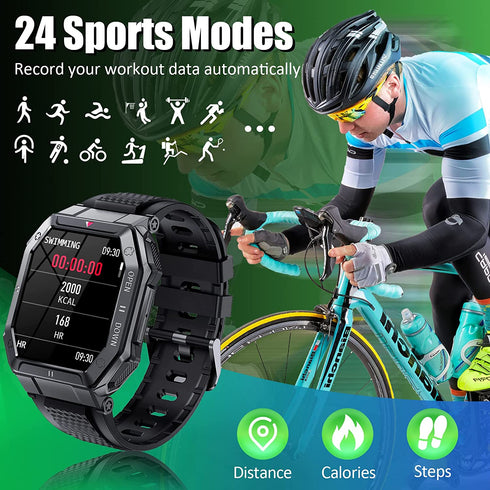 Military 100M Waterproof Rugged Tactical Smart Watch Fitness Tracker Watch with Heart Rate Sleep Monitor Pedometer Smartwatch NO BLUETOOTH CALLING