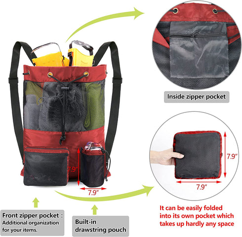 BeeGreen Beach Bag Folding Into Pouch Boxing Equipment Mesh Backpack Drawstring Backpack for Kids Swimming Pool Sports