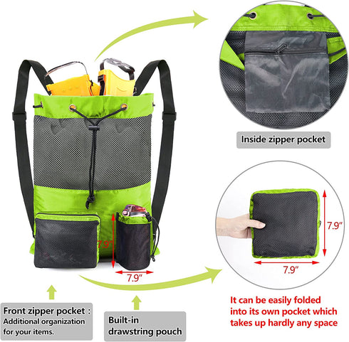 BeeGreen Beach Bag Folding Into Pouch Boxing Equipment Mesh Backpack Drawstring Backpack for Kids Swimming Pool Sports