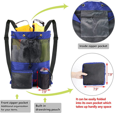 BeeGreen Beach Bag Folding Into Pouch Boxing Equipment Mesh Backpack Drawstring Backpack for Kids Swimming Pool Sports