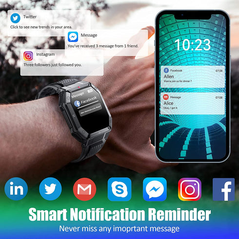 Military 100M Waterproof Rugged Tactical Smart Watch Fitness Tracker Watch with Heart Rate Sleep Monitor Pedometer Smartwatch NO BLUETOOTH CALLING