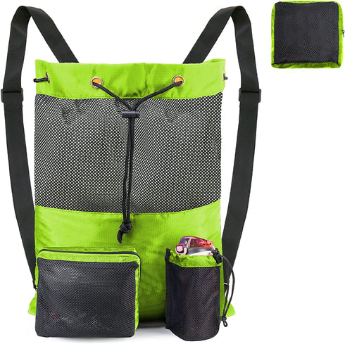 BeeGreen Beach Bag Folding Into Pouch Boxing Equipment Mesh Backpack Drawstring Backpack for Kids Swimming Pool Sports